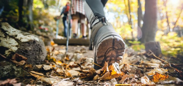 A foot wearing a hiking book steps forward onto a path covered in leaves. In the distance, other hikers are walking forward.