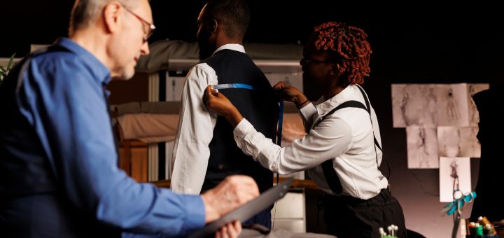 A tailor measures a customer's back. The customer wears a white button-down and a vest. Another tailor writes on a clipboard.