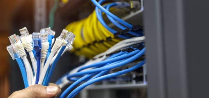 A hand holding up a cluster of white and blue Ethernet data cables in front of a data center machine.