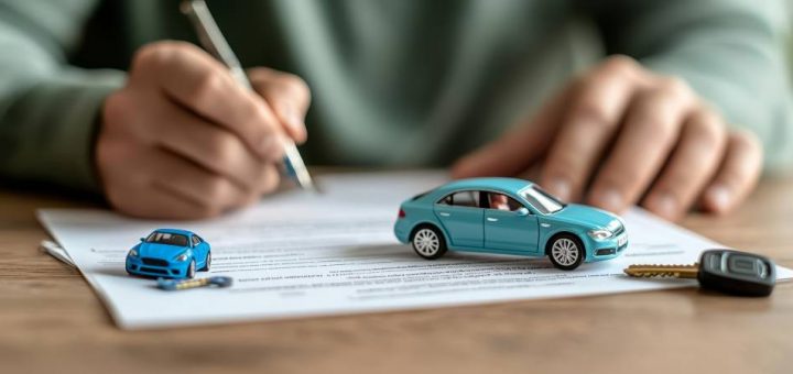 A person holding a pen over a white paper on a table. Two blue toy cars and car keys are on the paper.