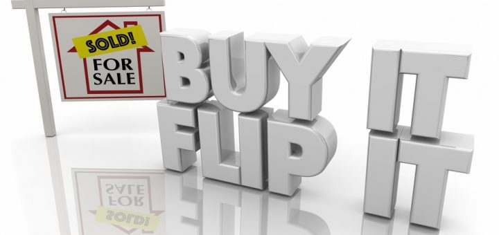A "for sale" sign with a "sold!" sticker on it stands on a white background next to the words "Buy It Flip It."