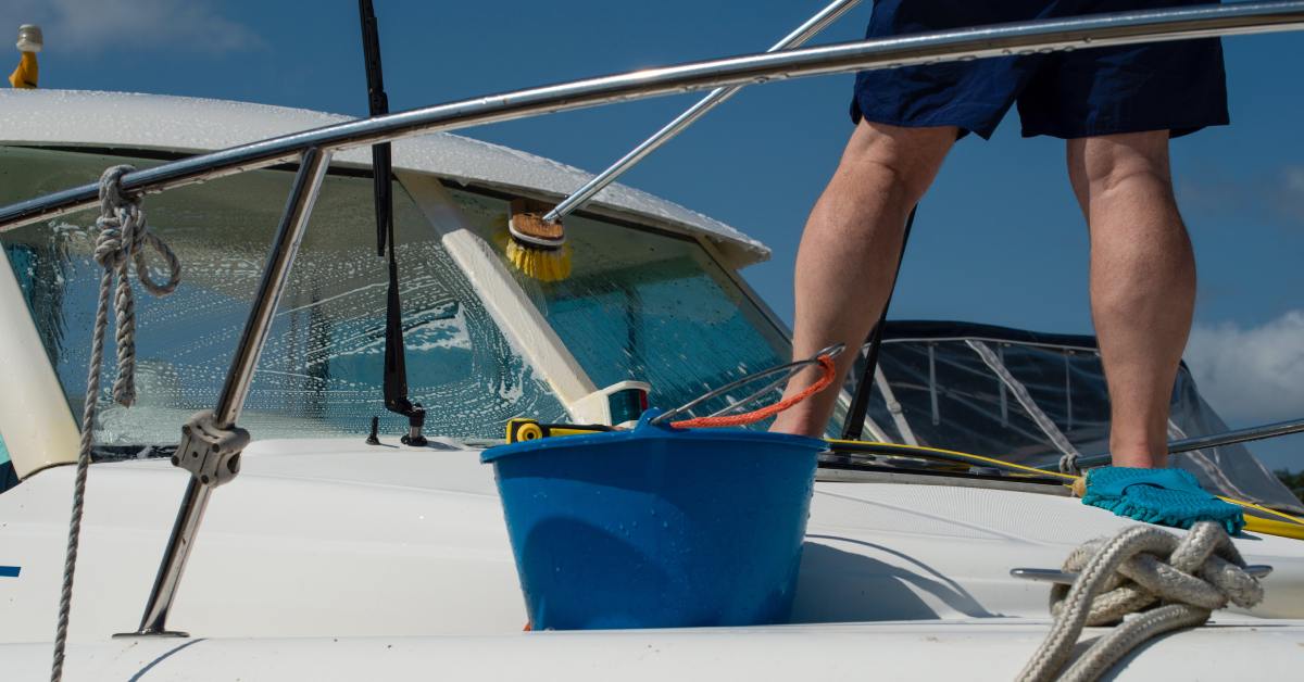 A close-up of the bottom half of a man wearing navy shorts washing a white boat with a brush and a pressure water system.