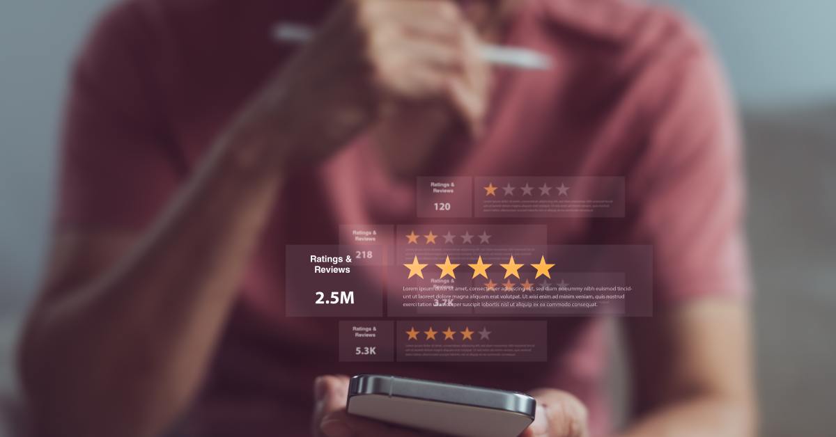 An online customer sits down with their phone in their hand to read reviews. Review graphics hover the phone.