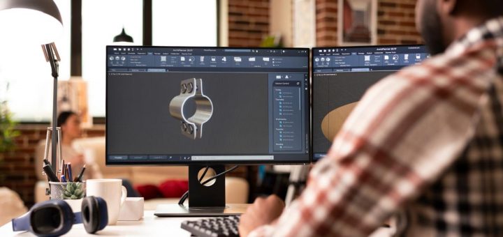 A man is sitting at a desk, and on that desk is a computer screen. On the screen is a 3D rendering of an object.