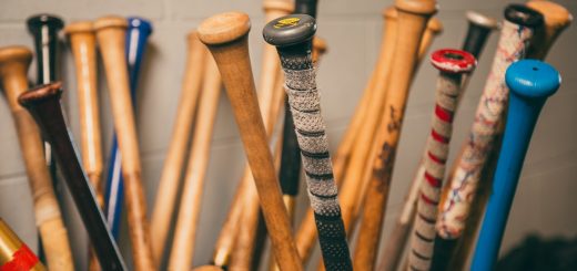 A group of wooden baseball bats arranged side by side, showing smooth finishes and varying wood grain textures.