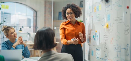 Two employees sitting at a table watching another employee give a presentation in front of a dry erase board.