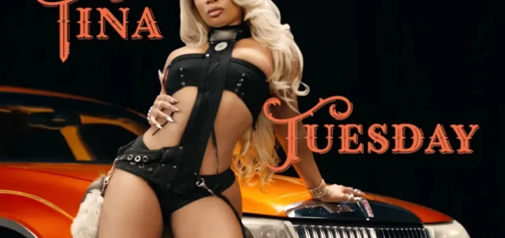 Megan Thee Stallion "Tina Tuesday" freestyle cover art featuring the rapper on a custom orange car