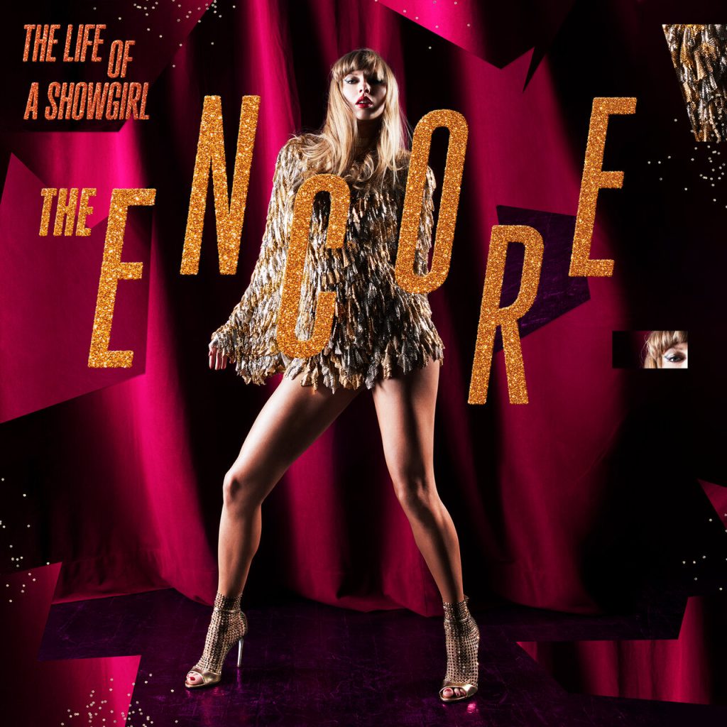 Taylor Swift in gold sequin outfit on 'The Life of a Showgirl: The Encore' album cover