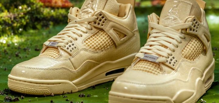 Pair of Air Jordan 4 x J Balvin sneakers toe-to-toe on a leafy green backdrop
