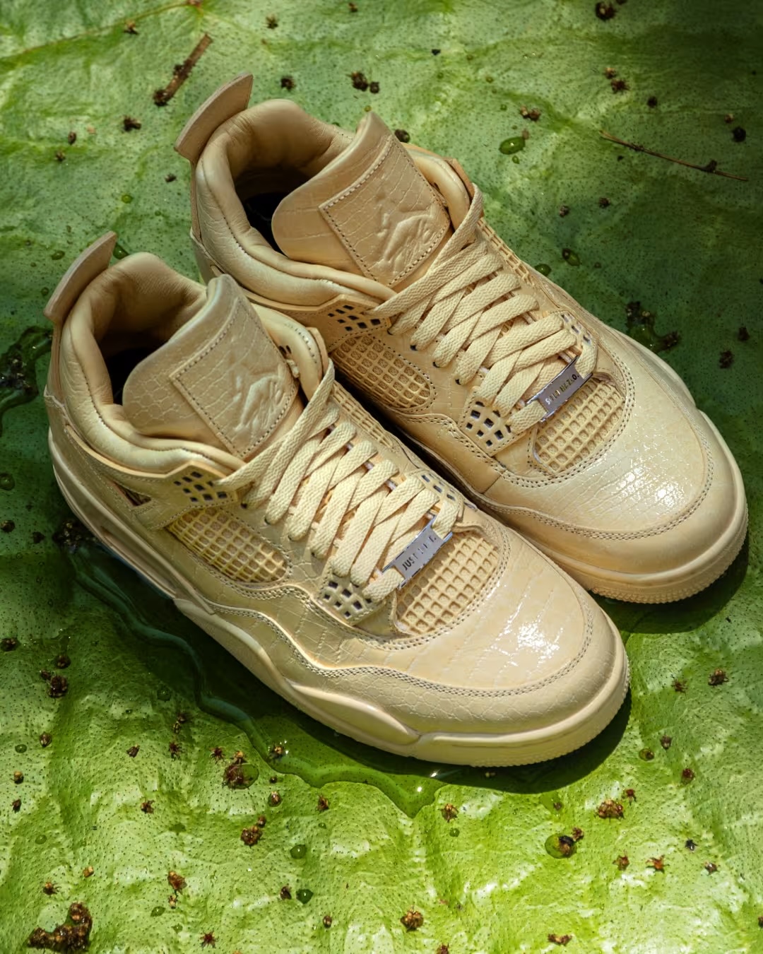 Close-up side view of Air Jordan 4 x J Balvin sneakers resting on a lily pad