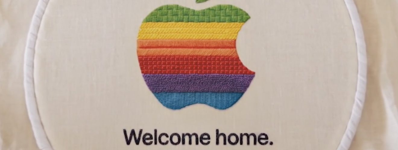 Apple’s “Welcome Home” event teaser showing an embroidered rainbow Apple logo with the date October 13