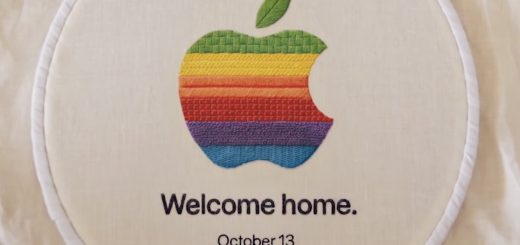 Apple’s “Welcome Home” event teaser showing an embroidered rainbow Apple logo with the date October 13