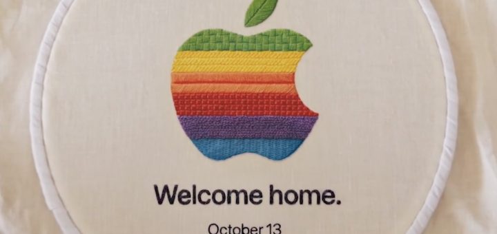 Apple’s “Welcome Home” event teaser showing an embroidered rainbow Apple logo with the date October 13