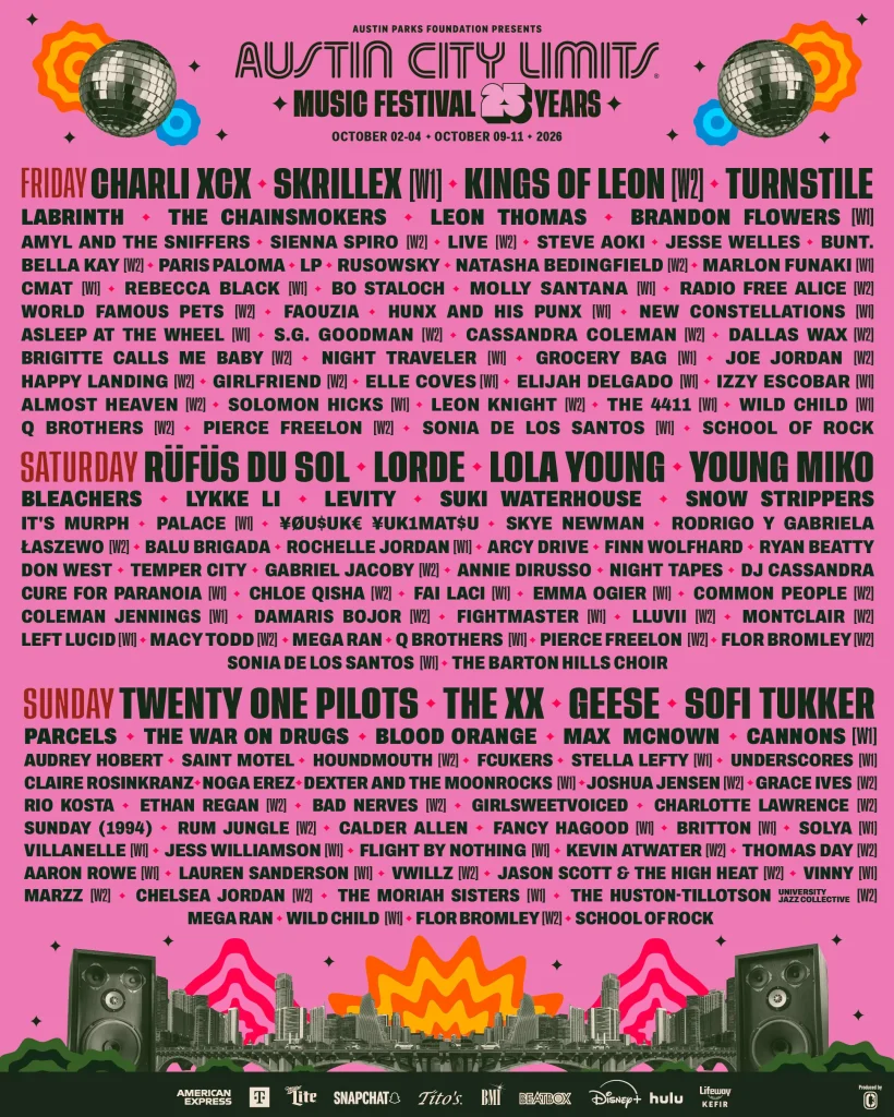Austin City Limits 2026 festival poster listing the full lineup by day