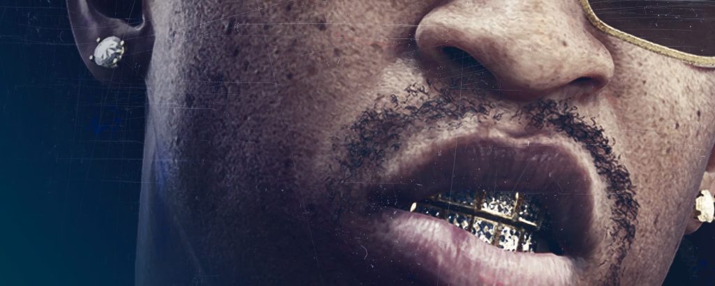 GTA VI artwork for the Dirty South Classics radio station, showing a character with a gold grill and gold-rimmed sunglasses