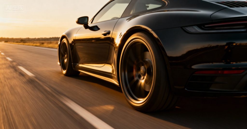Low-angle rear view of a black luxury sports coupe speeding down a highway, illuminated by warm sunset light.