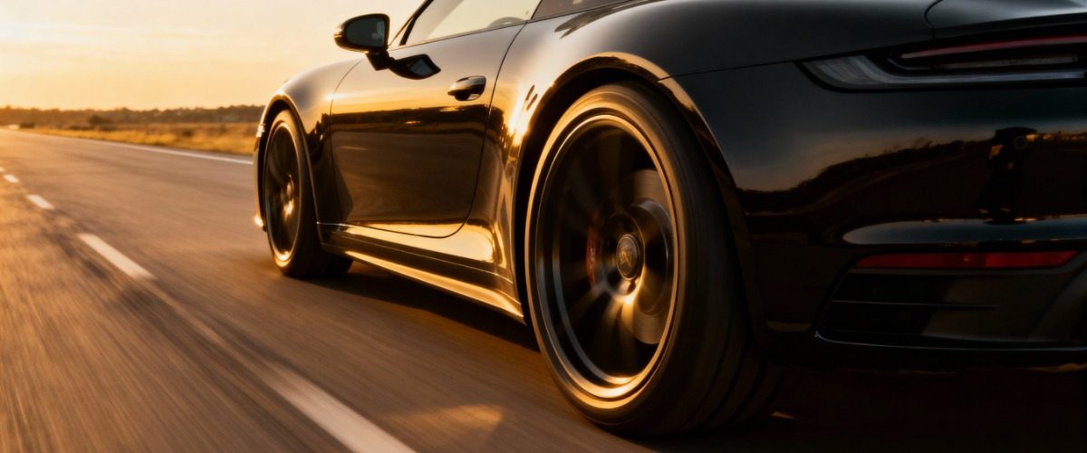 Low-angle rear view of a black luxury sports coupe speeding down a highway, illuminated by warm sunset light.