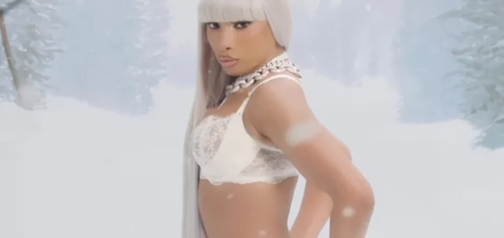Megan Thee Stallion posing in a snowy forest in the “Is You Cool?” Tina Tuesday video