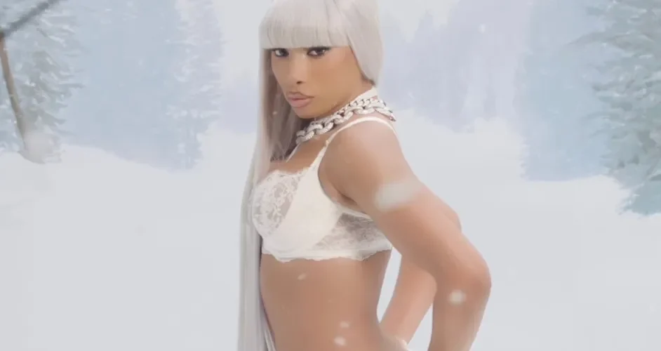 Megan Thee Stallion posing in a snowy forest in the “Is You Cool?” Tina Tuesday video